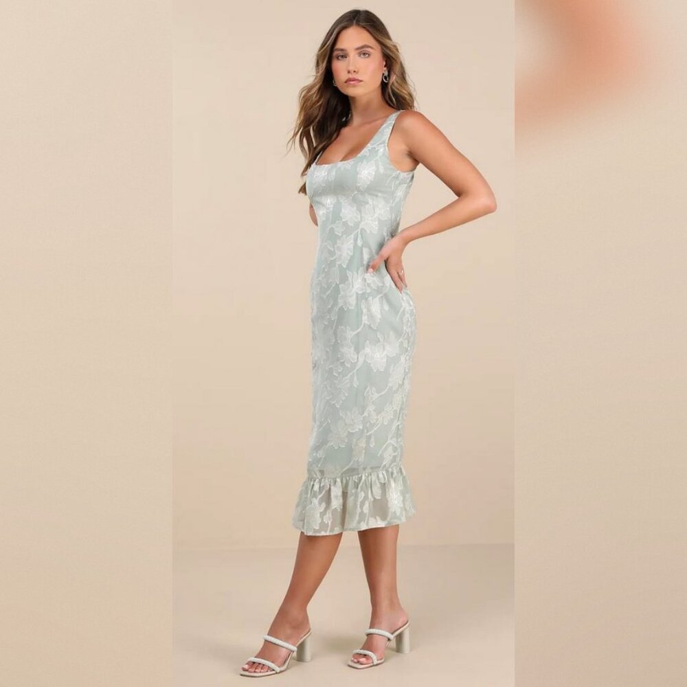 Light Sage Floral Burnout Trumpet Midi Dress